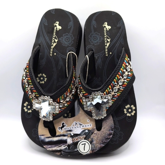 NWT Montana West Black Jeweled Cross Decor Bling Sandals - Size 7 - Picture 2 of 14